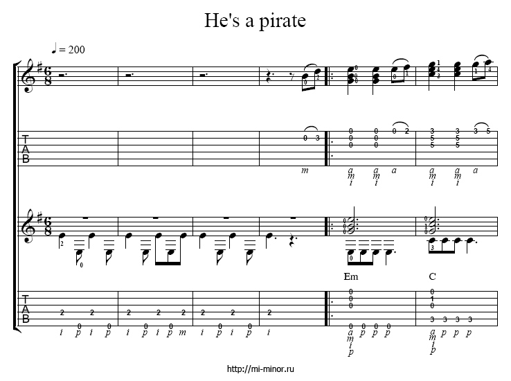 He’s Pirate  (для двух гитар), из к/ф «Пираты карибского моря» - табулатура (табы) и ноты для гитары.